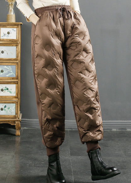 Loose Coffee Pockets Elastic Waist Duck Down Beam Pants Winter