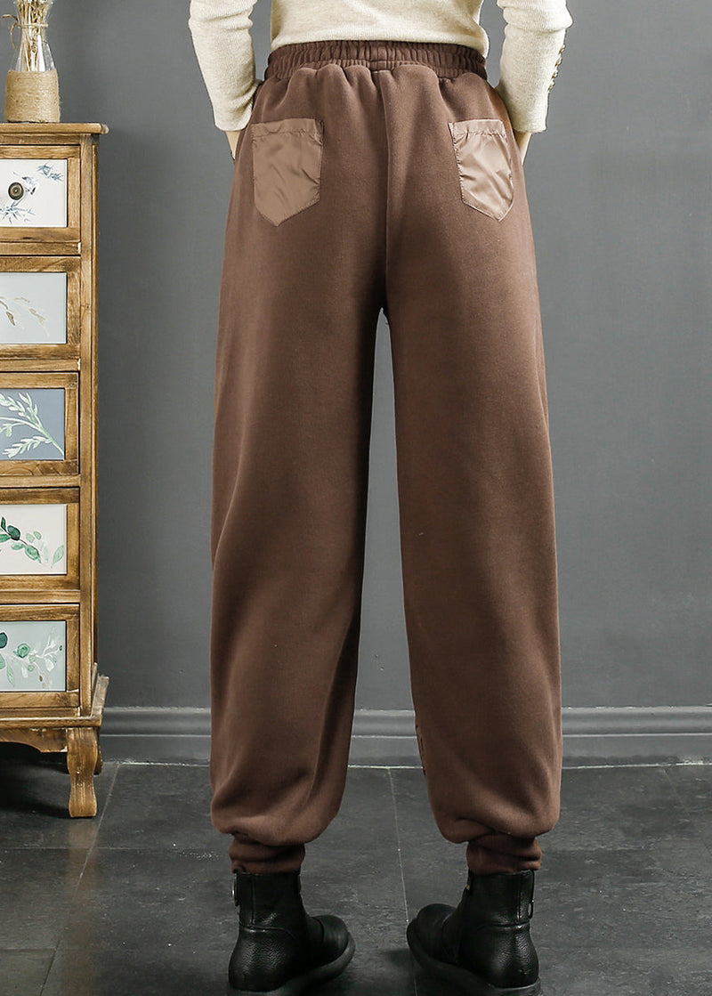 Loose Coffee Pockets Elastic Waist Duck Down Beam Pants Winter