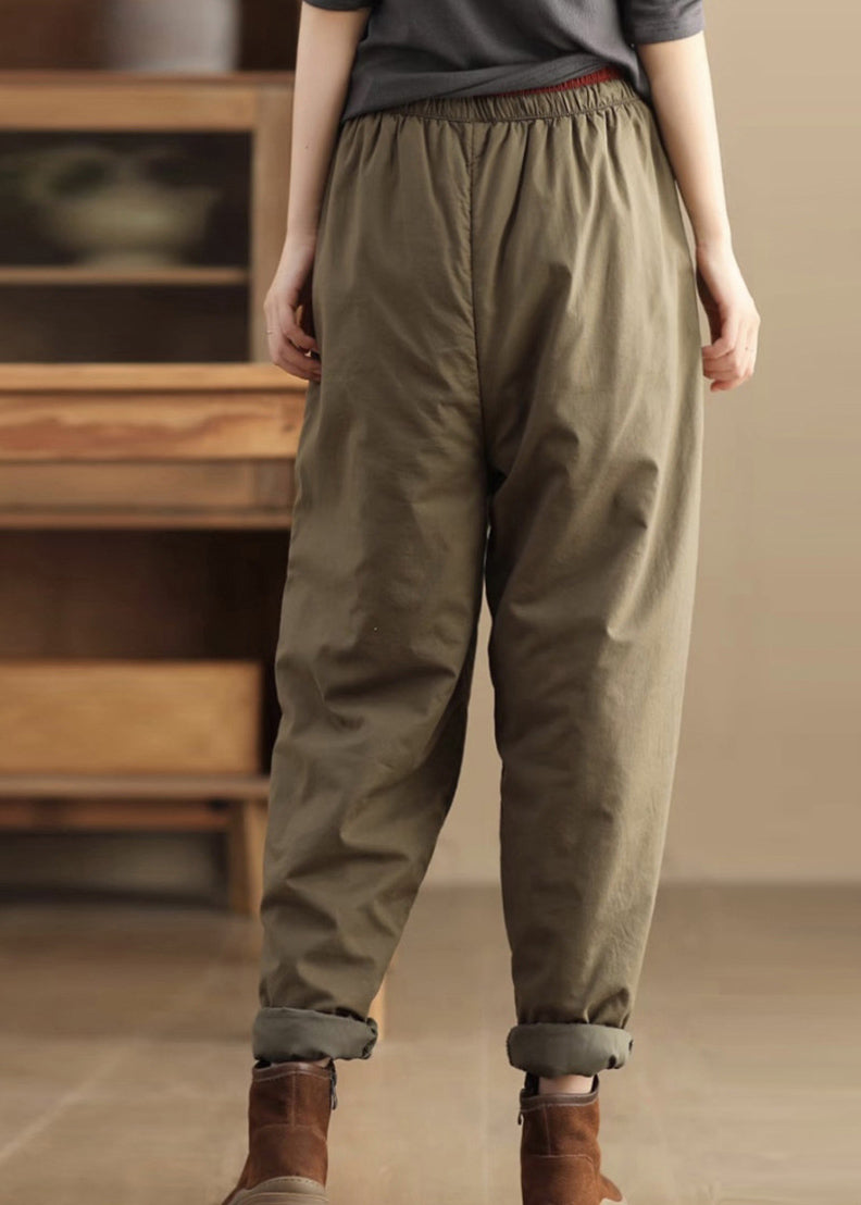 Loose Coffee Pockets Elastic Waist Fine Cotton Filled Pants Winter