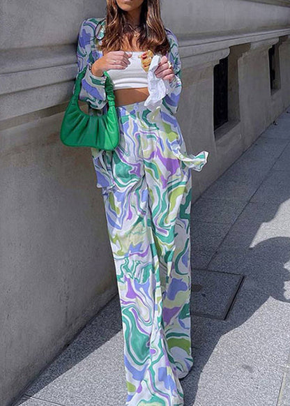 Loose Green Print Tops and Pants Two Pieces Set Summer