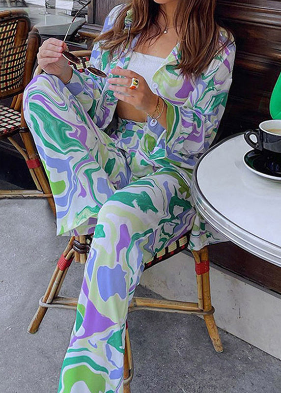 Loose Green Print Tops and Pants Two Pieces Set Summer