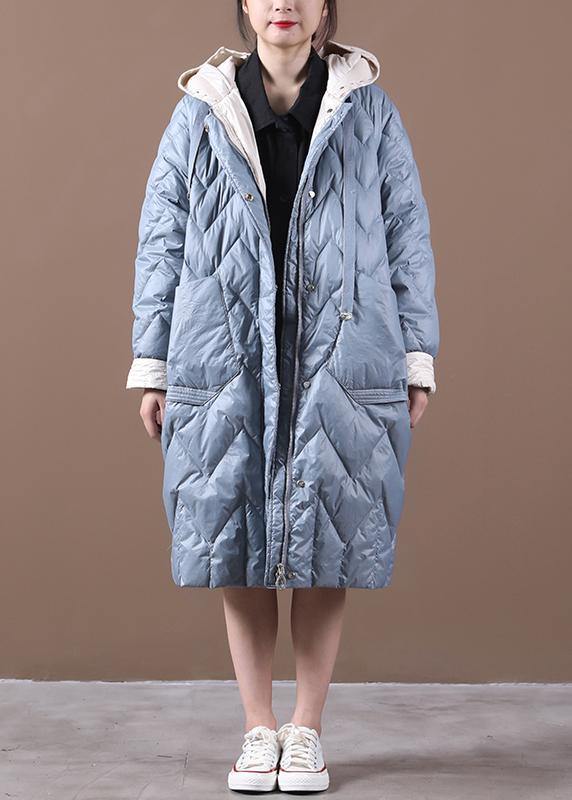 Loose Fitting Down Jacket Overcoat Light Blue Hooded Zippered Duck Down Coat