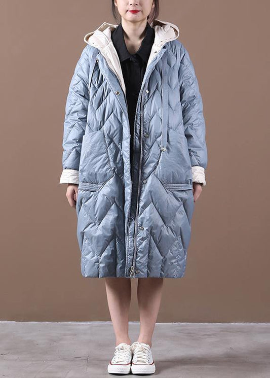 Loose Fitting Down Jacket Overcoat Light Blue Hooded Zippered Duck Down Coat
