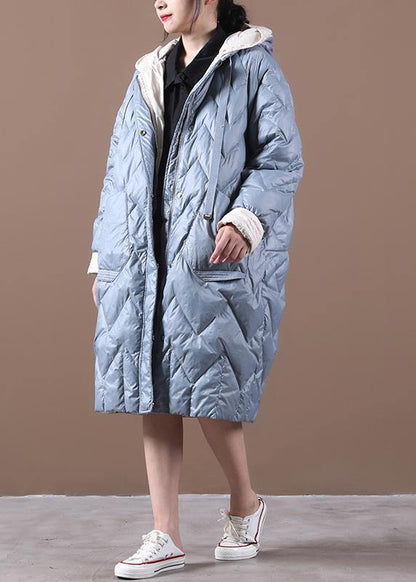 Loose Fitting Down Jacket Overcoat Light Blue Hooded Zippered Duck Down Coat
