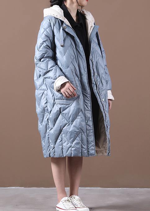 Loose Fitting Down Jacket Overcoat Light Blue Hooded Zippered Duck Down Coat