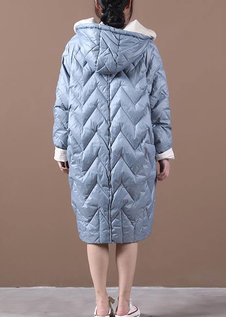 Loose Fitting Down Jacket Overcoat Light Blue Hooded Zippered Duck Down Coat