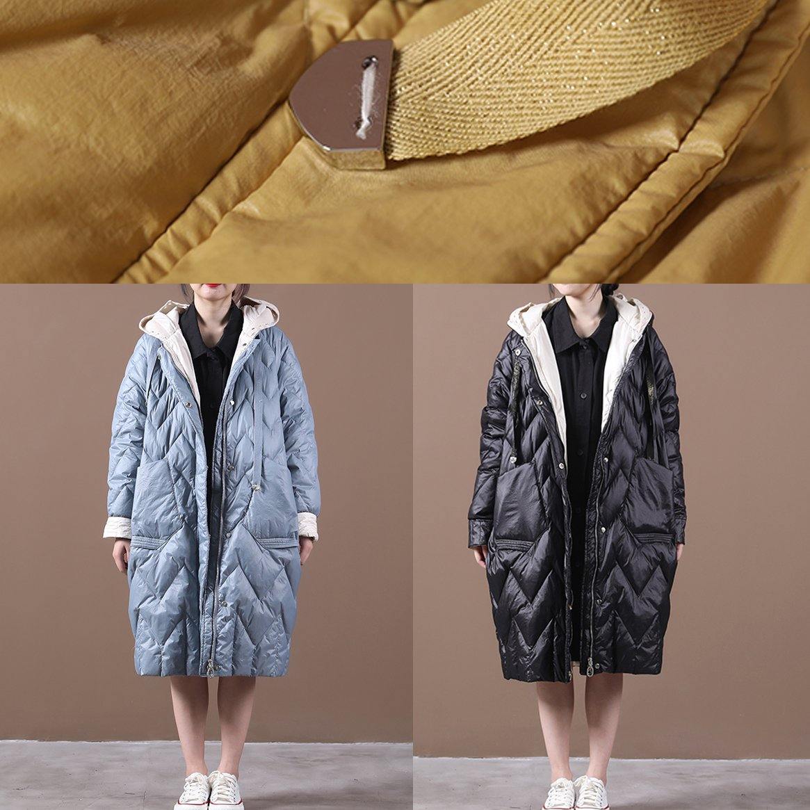 Loose Fitting Down Jacket Overcoat Light Blue Hooded Zippered Duck Down Coat