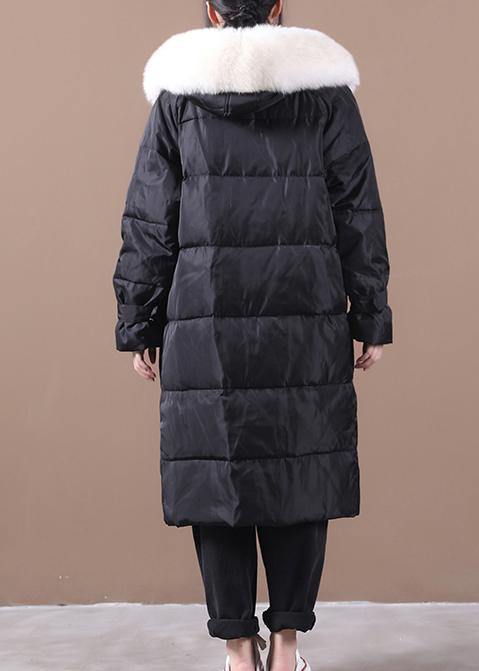 Loose Fitting Snow Jackets Pockets Overcoat Black Hooded Fur Collar Warm Winter Coat