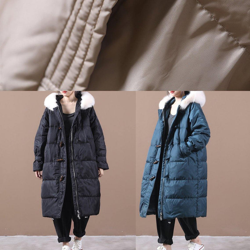 Loose Fitting Snow Jackets Pockets Overcoat Black Hooded Fur Collar Warm Winter Coat