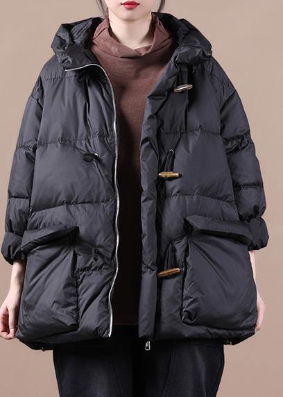 Loose Fitting Parka Overcoat Black Hooded Pockets Cotton Coat