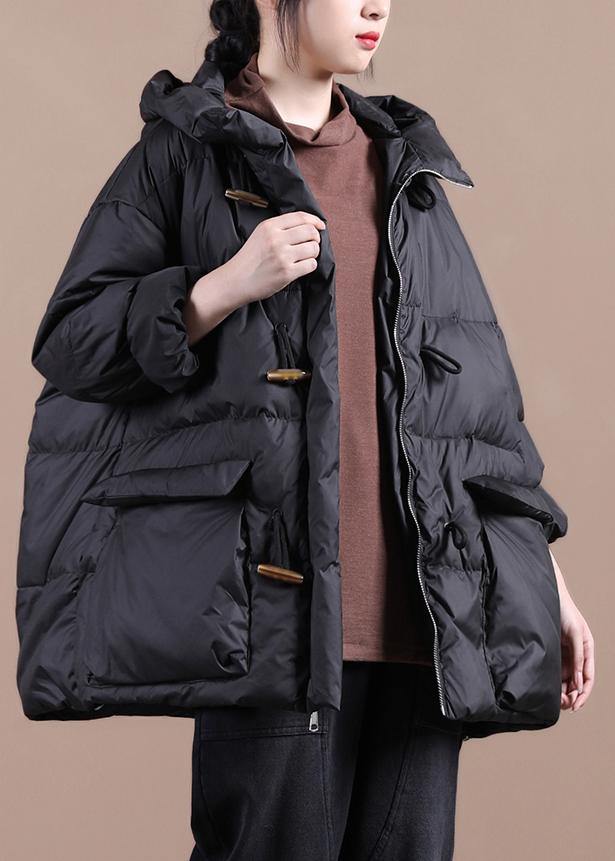 Loose Fitting Parka Overcoat Black Hooded Pockets Cotton Coat