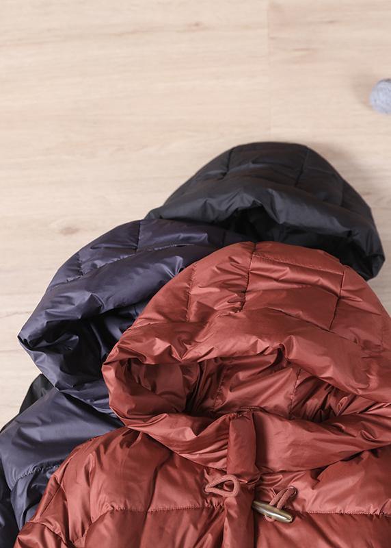Loose Fitting Parka Overcoat Black Hooded Pockets Cotton Coat
