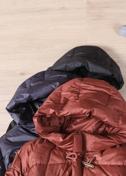 Loose Fitting Parka Overcoat Black Hooded Pockets Cotton Coat
