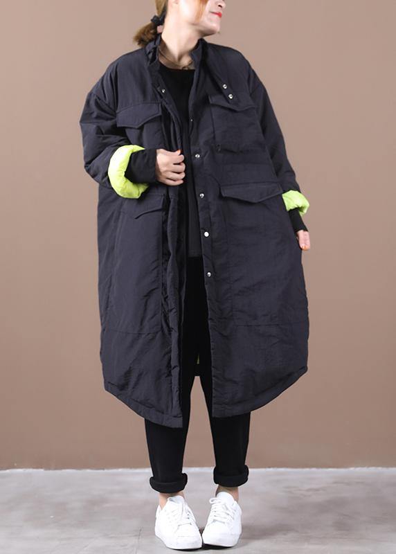 Loose Fitting Parka Pockets Black Stand Collar Asymmetric Warm Coat