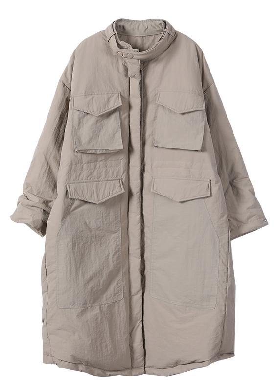 Loose Fitting Parka Pockets Black Stand Collar Asymmetric Warm Coat
