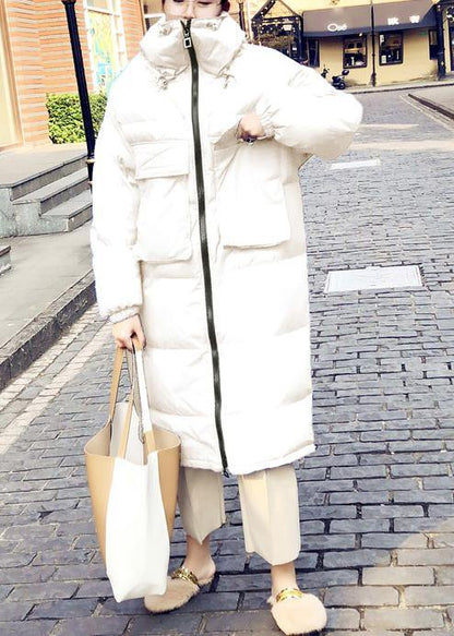 Loose Fitting Parka Winter Outwear White Stand Collar Cinched Duck Down Coat