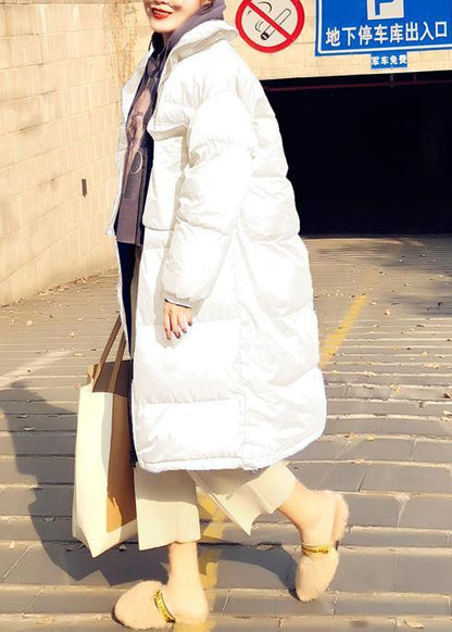 Loose Fitting Parka Winter Outwear White Stand Collar Cinched Duck Down Coat