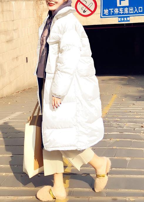 Loose Fitting Parka Winter Outwear White Stand Collar Cinched Duck Down Coat