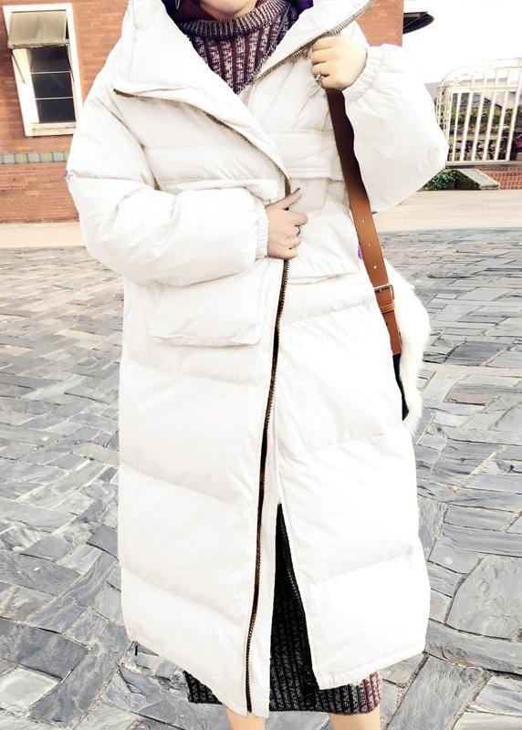 Loose Fitting Parka Winter Outwear White Stand Collar Cinched Duck Down Coat