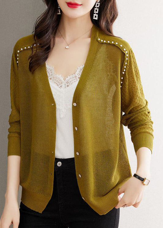 Matcha Colour V Neck Nail Bead Button Ice Size Knit Cardigan Summer