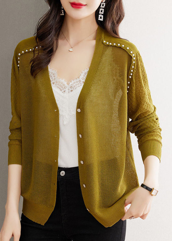 Matcha Colour V Neck Nail Bead Button Ice Size Knit Cardigan Summer