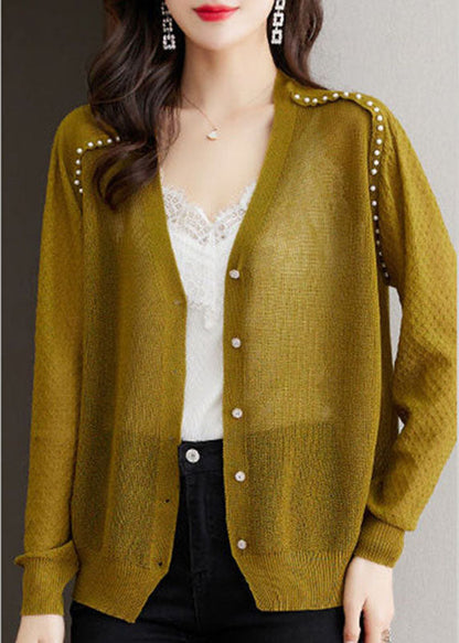 Matcha Colour V Neck Nail Bead Button Ice Size Knit Cardigan Summer