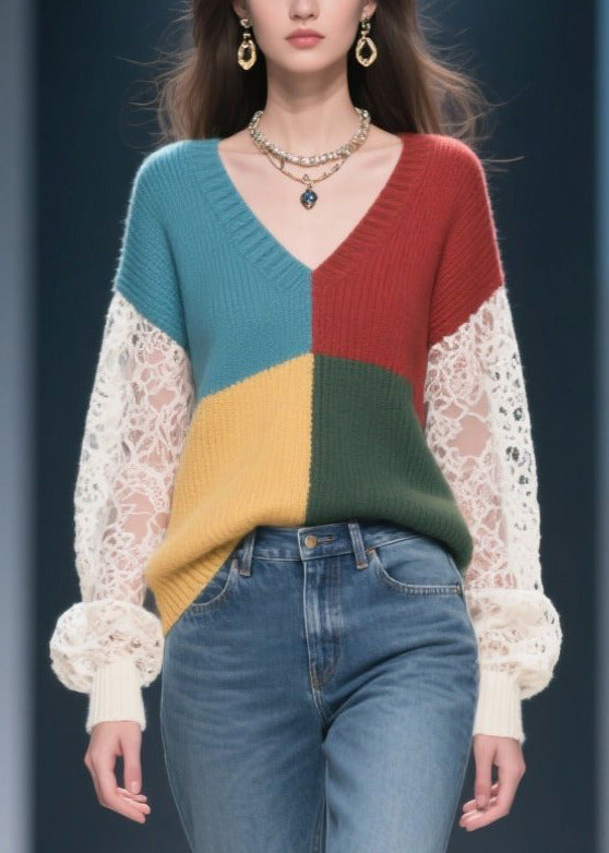 Mixed Color Hollow Out Patchwork Lace Sweater Tops Fall