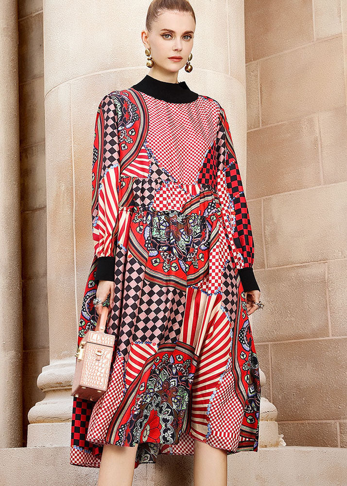 Multi Print Low High Design Maxi Dress Long Sleeve