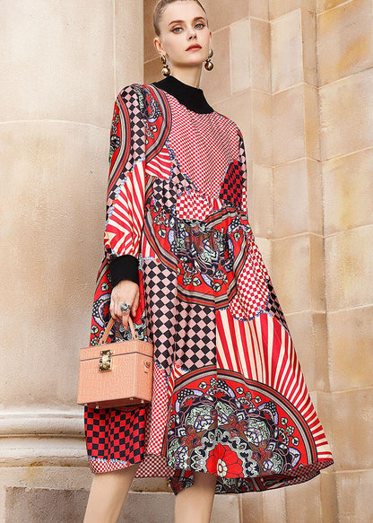 Multi Print Low High Design Maxi Dress Long Sleeve