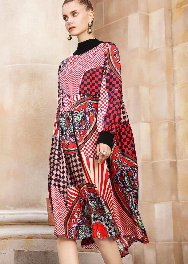 Multi Print Low High Design Maxi Dress Long Sleeve