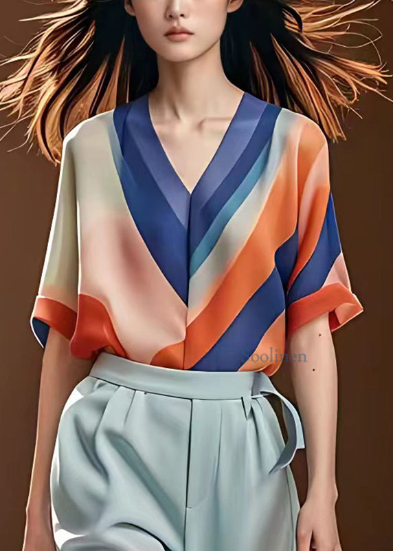 Multi V Neck Chiffon Tops Short Sleeve