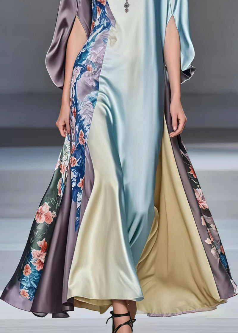Multicolour Patchwork Exra Large Hem Silk Dress Batwing Sleeve