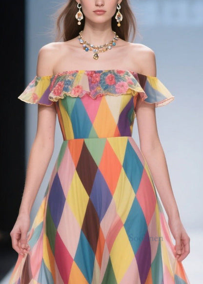 Multicolour Plaid Patchwork Lace Chiffon Beach Strapless Dress Summer