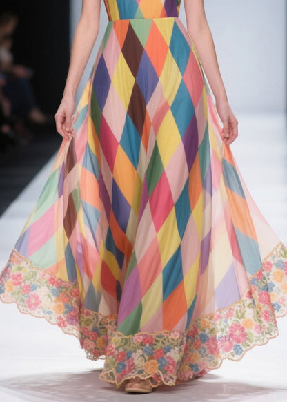 Multicolour Plaid Patchwork Lace Chiffon Beach Strapless Dress Summer