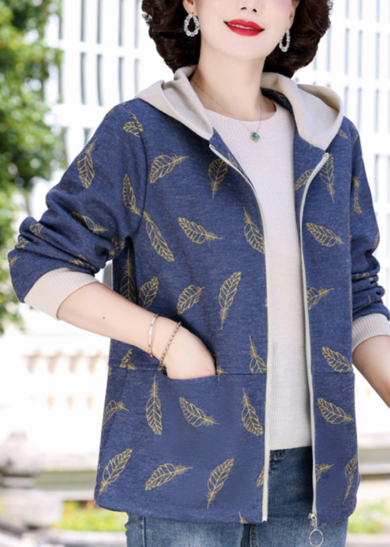 Navy Blue Zippered Patchwork Hoodies Coats Spring