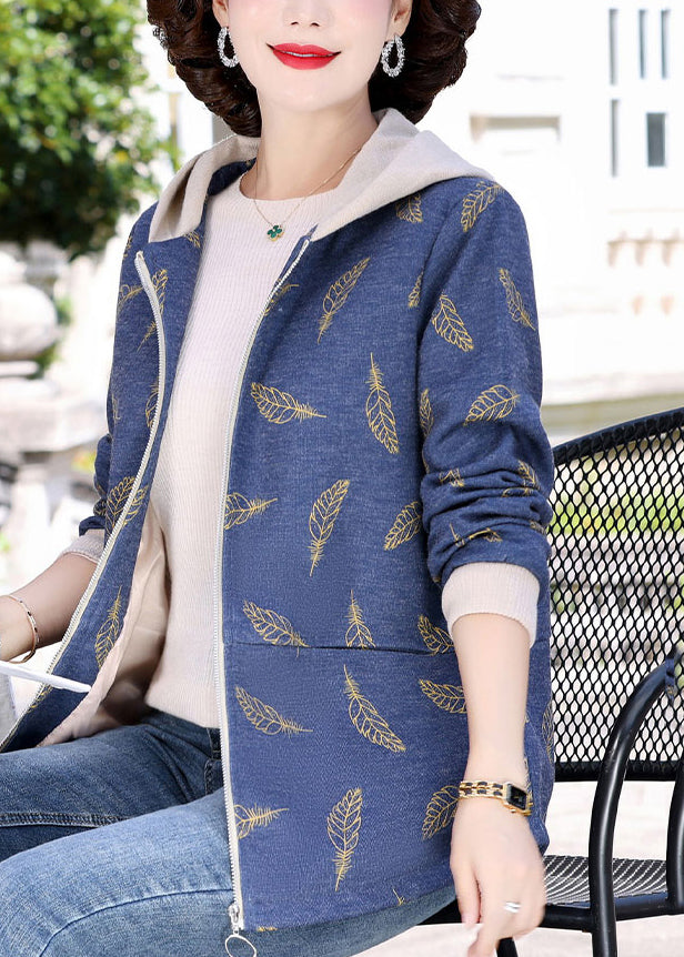 Navy Blue Zippered Patchwork Hoodies Coats Spring