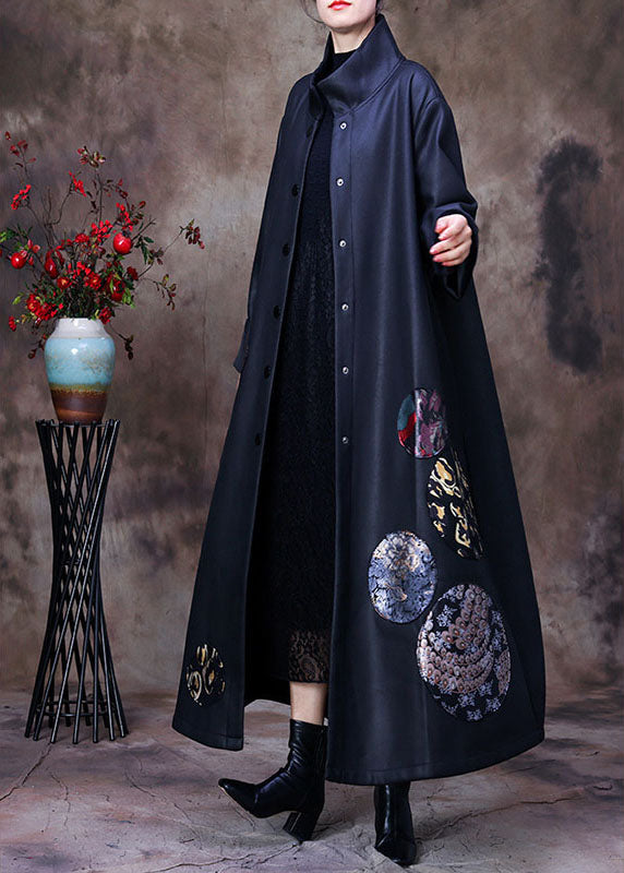 Navy Button Print Patchwork Winter Coat Outwear