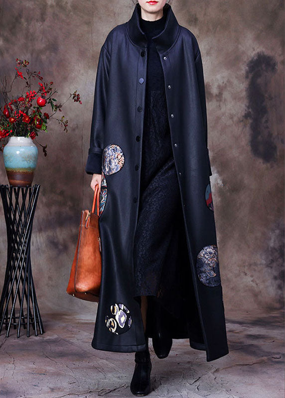 Navy Button Print Patchwork Winter Coat Outwear