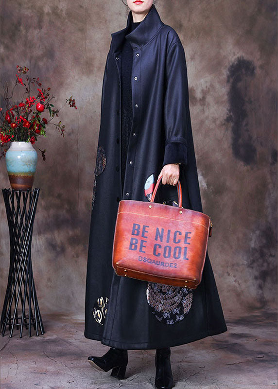 Navy Button Print Patchwork Winter Coat Outwear