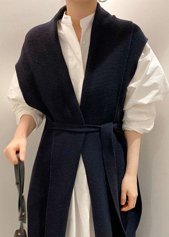 Navy Cinched Two Pieces Set Knit Vest Shirts Dress Spring