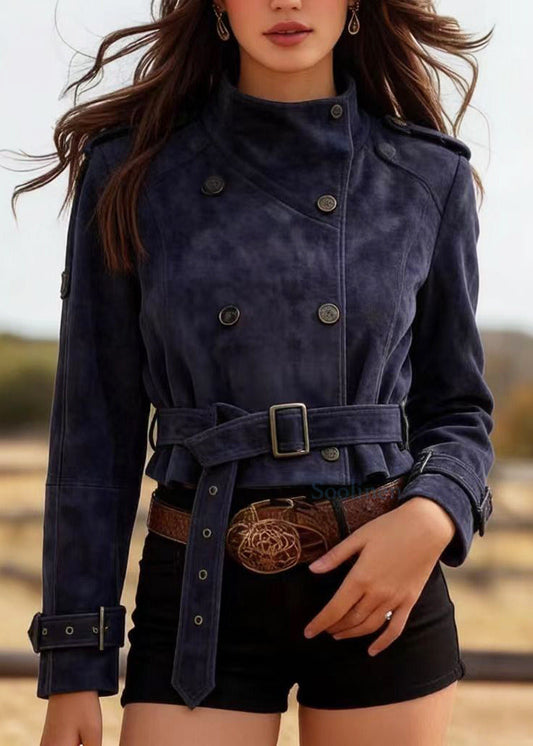 Navy Double Breast Faux Suede Tunic Coats Spring
