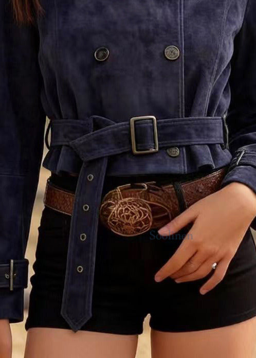 Navy Double Breast Faux Suede Tunic Coats Spring