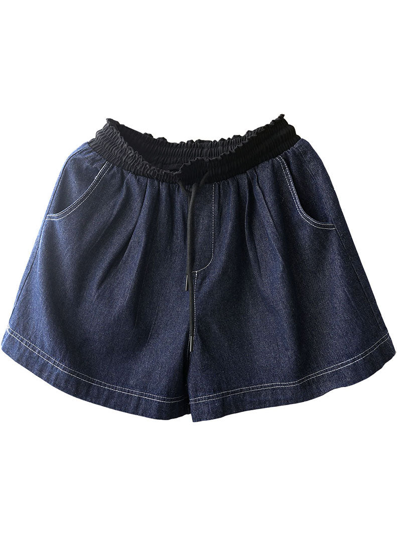 Navy Elastic Waist Drawstring Pockets Patchwork Linen Denim Shorts Summer