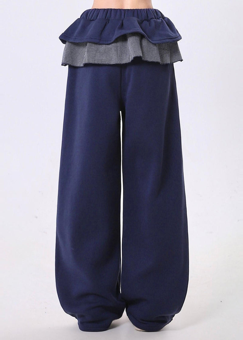 Navy Elastic Waist Patchwork Ruffles Cotton Pants Spring