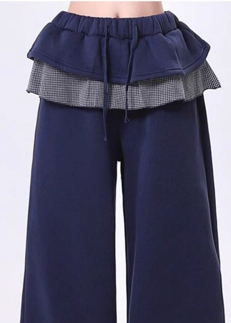 Navy Elastic Waist Patchwork Ruffles Cotton Pants Spring