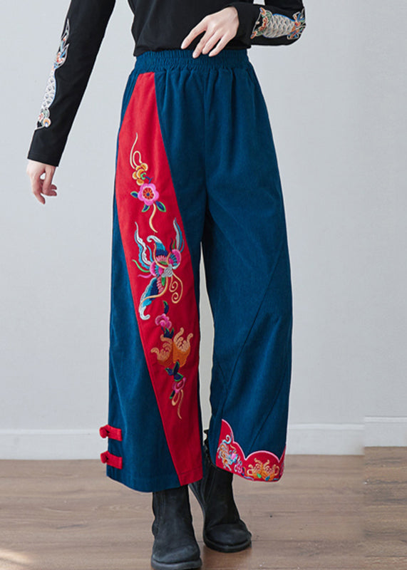 Navy Embroideried Pockets Elastic Waist Crop Pants Fall