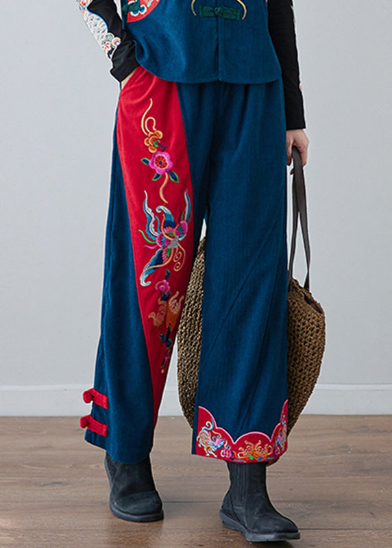 Navy Embroideried Pockets Elastic Waist Crop Pants Fall