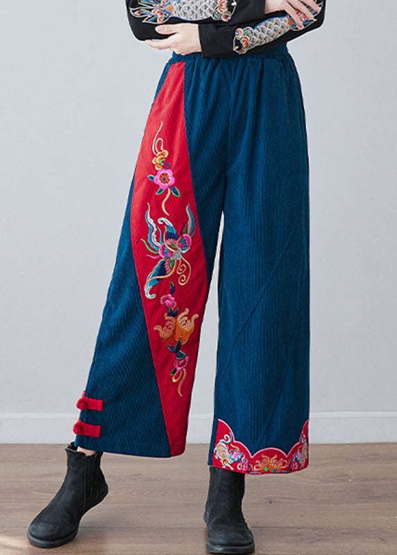 Navy Embroideried Pockets Elastic Waist Crop Pants Fall