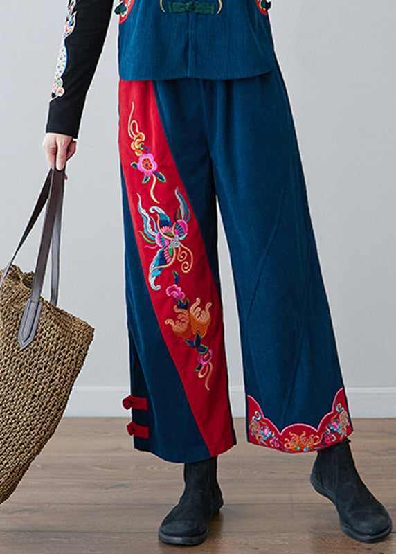 Navy Embroideried Pockets Elastic Waist Crop Pants Fall