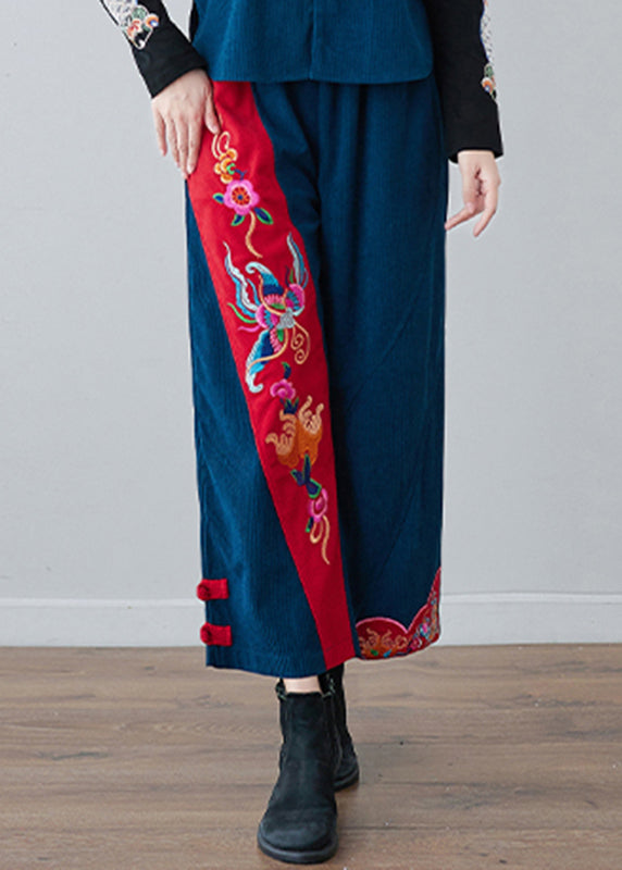 Navy Embroideried Pockets Elastic Waist Crop Pants Fall